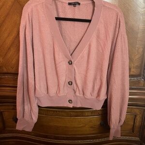 Love Tree Pink Deep V-Neck Button Front Long Sleeve Crop Sweater - Size L